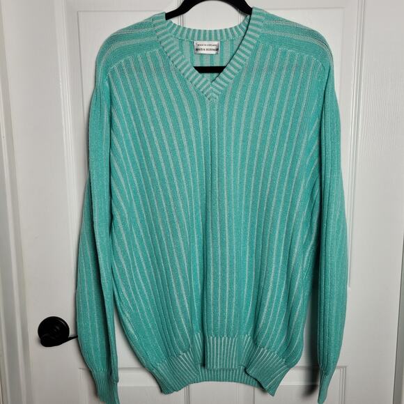Maus & Hoffman Sweater Mens Large Aqua Striped V Neck Cashmere Cotton Scotland - Picture 1 of 12